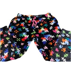 JOYSPUN-WOMENS-PLUSH-BLACK-PUZZLE PIECE-AUTISM AWARENESS-SLEEP PANTS XL